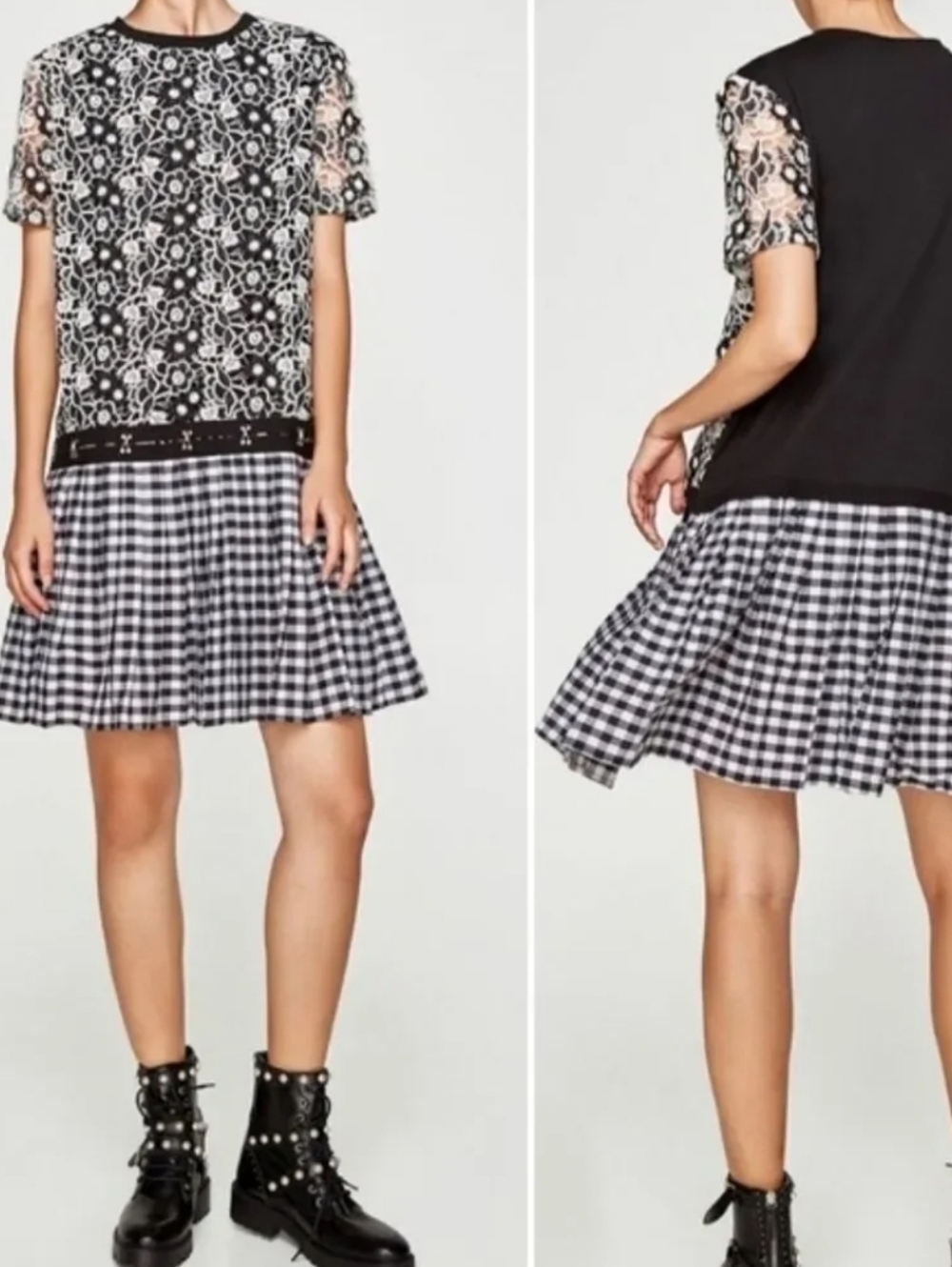 Zara Black & White Lace Mix Gingham Pleated Mini Dress. NWOT Size Small - Picture 3 of 12